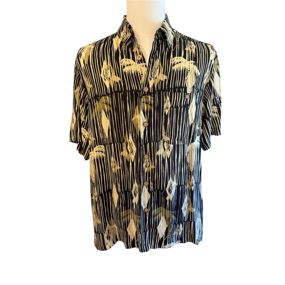 Ron Chereskin Mens Rayon Tropical Palm Stripe Button Down Shirt Black Large